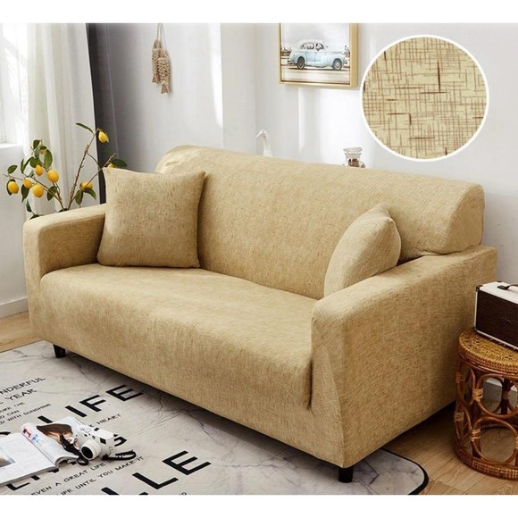 Sofa Guards 3-Seater Sofa Loveseat Stretch Slip Cover Gold/Brown Geometric Print - Picture 1 of 11